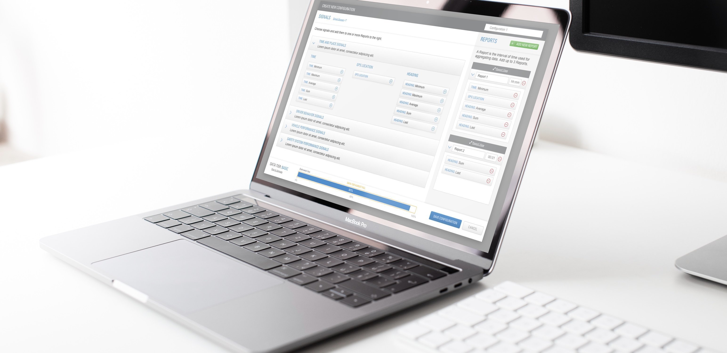 Detroit Connect Direct data access configuration interface displayed on a MacBook Pro on a wooden desk, showing the clean and intuitive user interface design