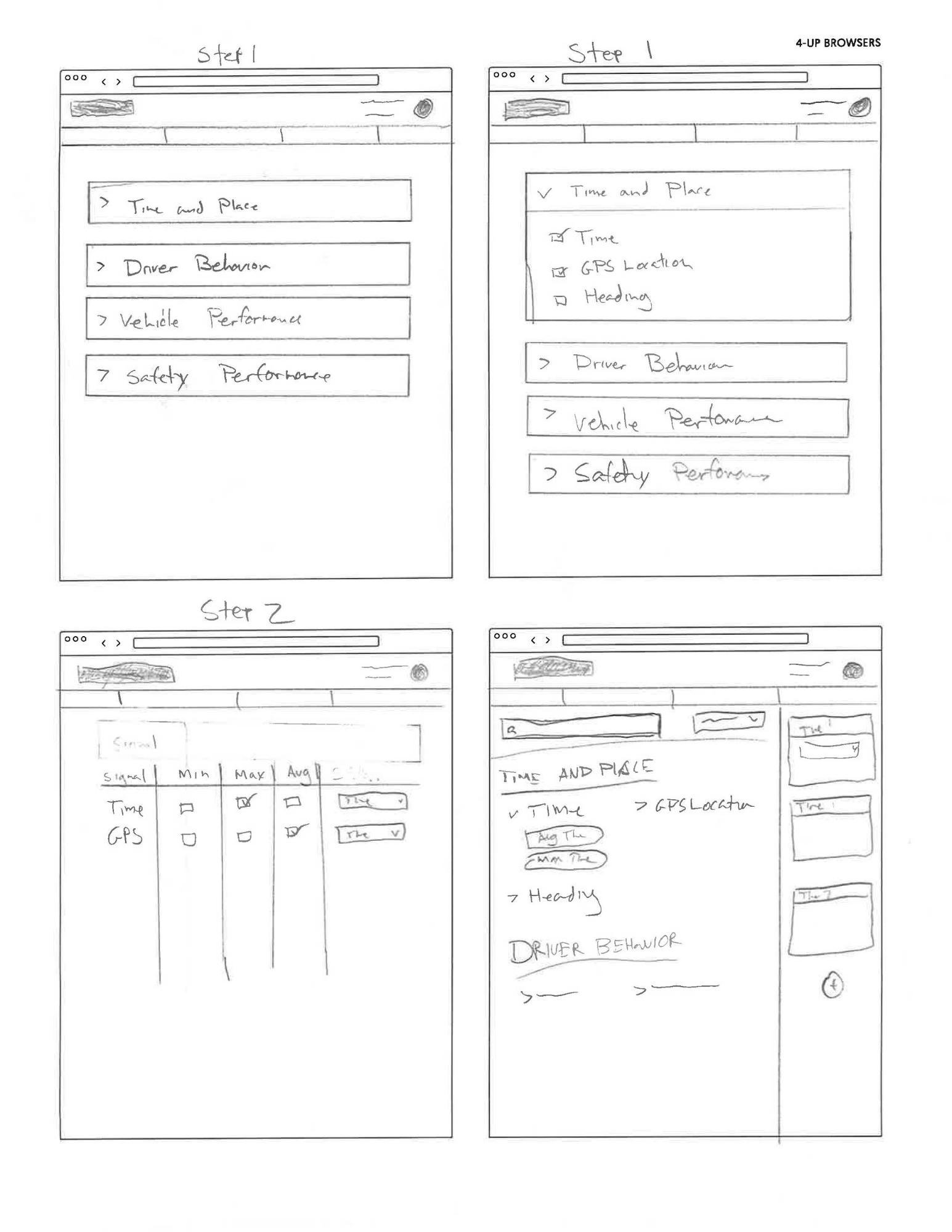 Hand-drawn sketches on paper showing various interface layout concepts for data configuration, including wireframe boxes, navigation elements, and user flow arrows